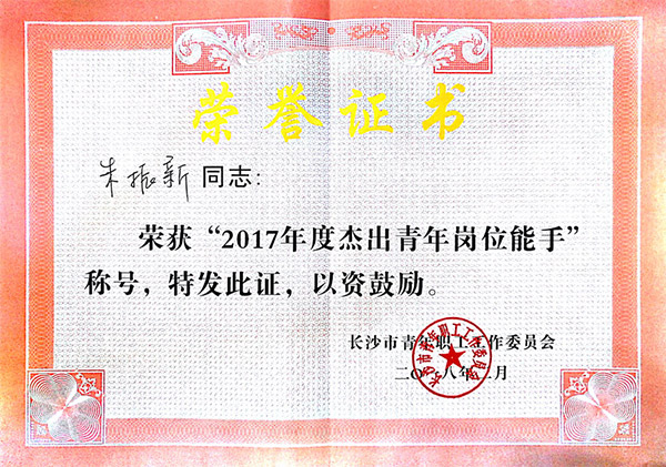 9001cc金沙以诚为本智能朱振新荣获长沙市2017年度卓越青年岗位能手