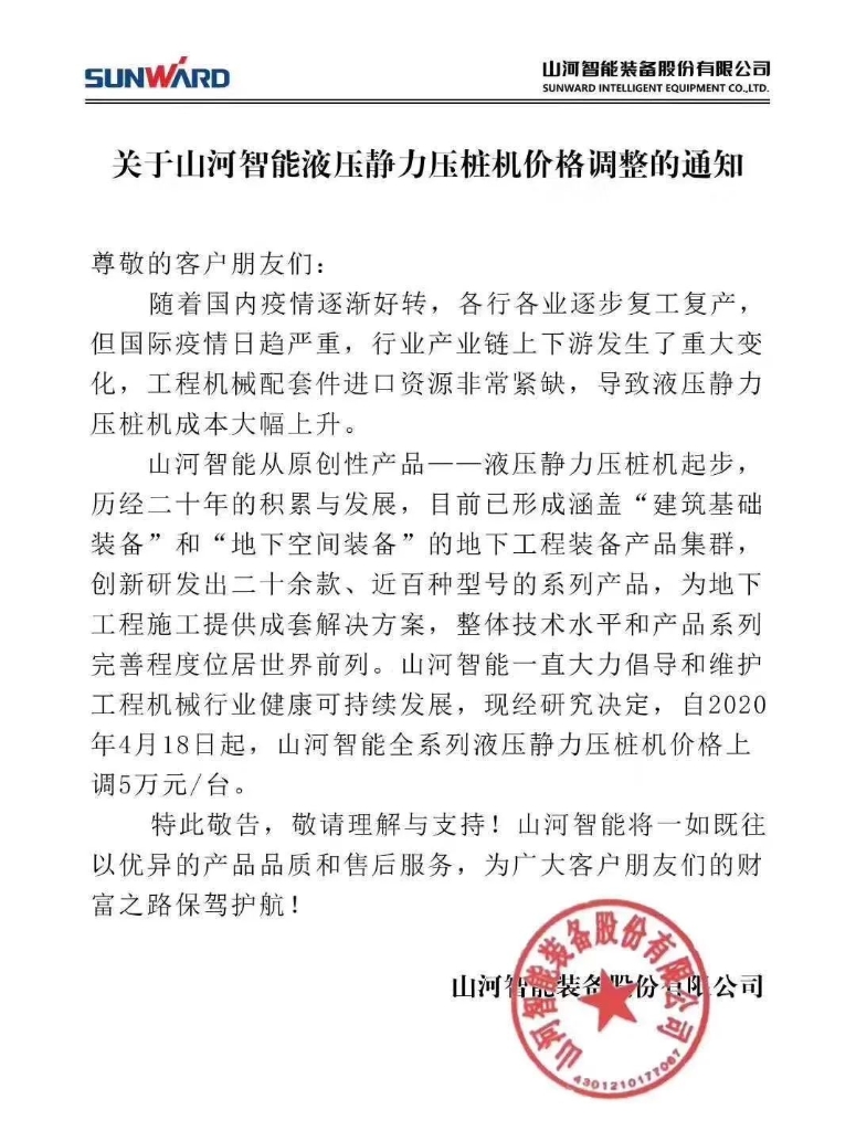关于9001cc金沙以诚为本智能液压静力压桩机价值调整的通知